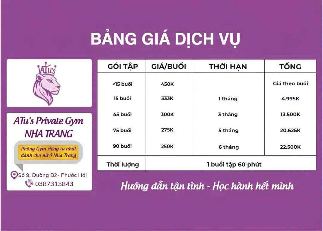 Bảng giá dịch vụ chính thức của ATu's Private Gym Nha Trang