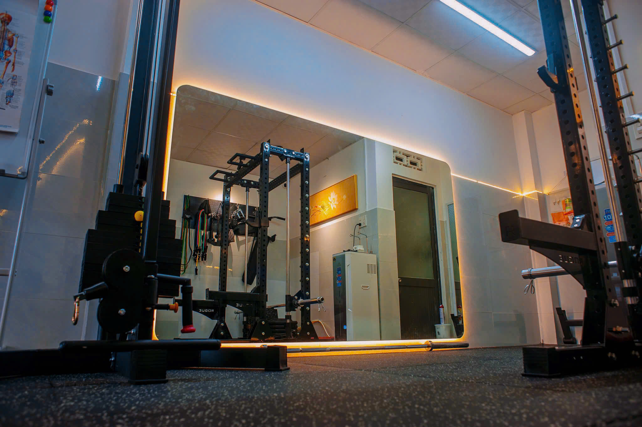 Không gian phòng tập ATu's Private Gym — rack, ghế tập và tạ bumper đầy đủ